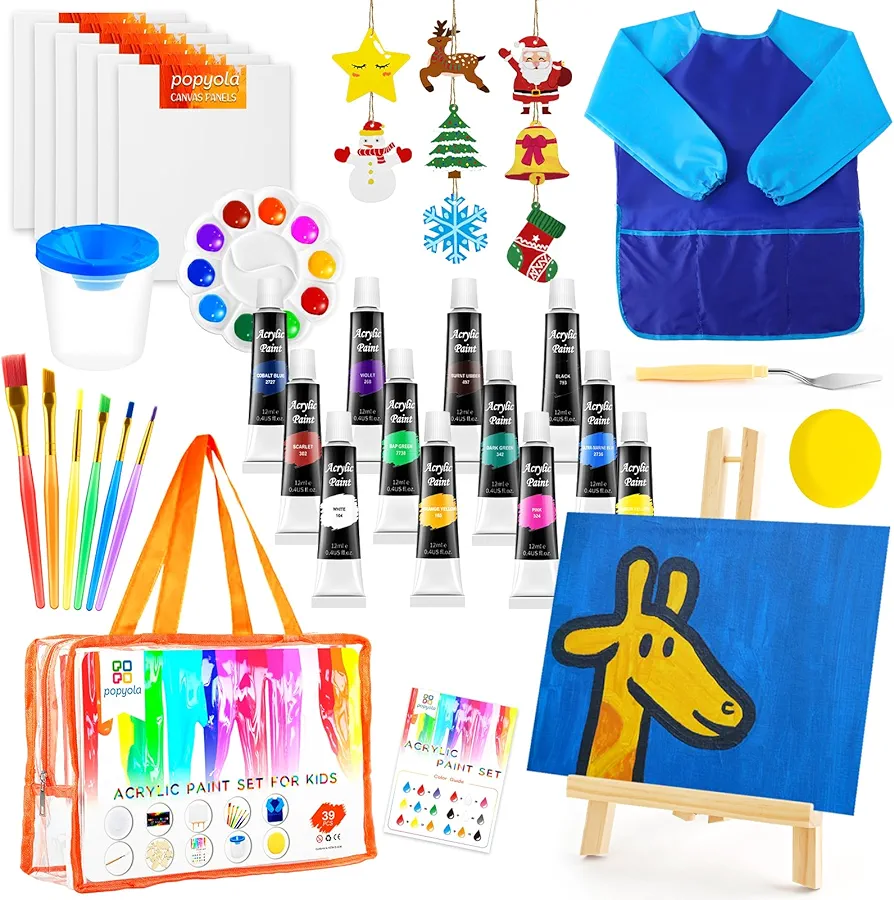 POPYOLA 39 PCS Kids Painting Set, Art Painting Supplies Kit with 12 Acrylic Paints, 8 Wooden Stencils, 6 Brushes, 6 Canvases, Table Easel, Smock, Etc, Acrylic Paint Set for Beginner Student Toddlers