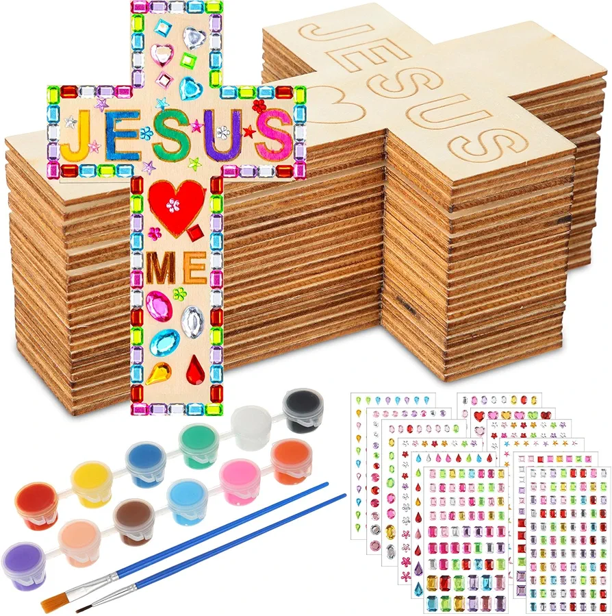 PullCrease DIY Wood Cross Crafts for Kids Sunday School Vacation Bible School Supplies 24 Pack Wooden Cross with Stickers 1 Set Paint(Classic Style)