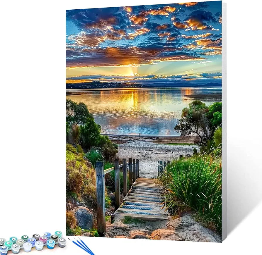 Tropical Seascape Framed Paint by Numbers for Adult Kids Beginner Ocean Scenery at Sunset Painting Kit 16x20 inche Natural Landscape Acrylic Arts Craft Farmhouse Decor Beach Paintwork(Frameless)