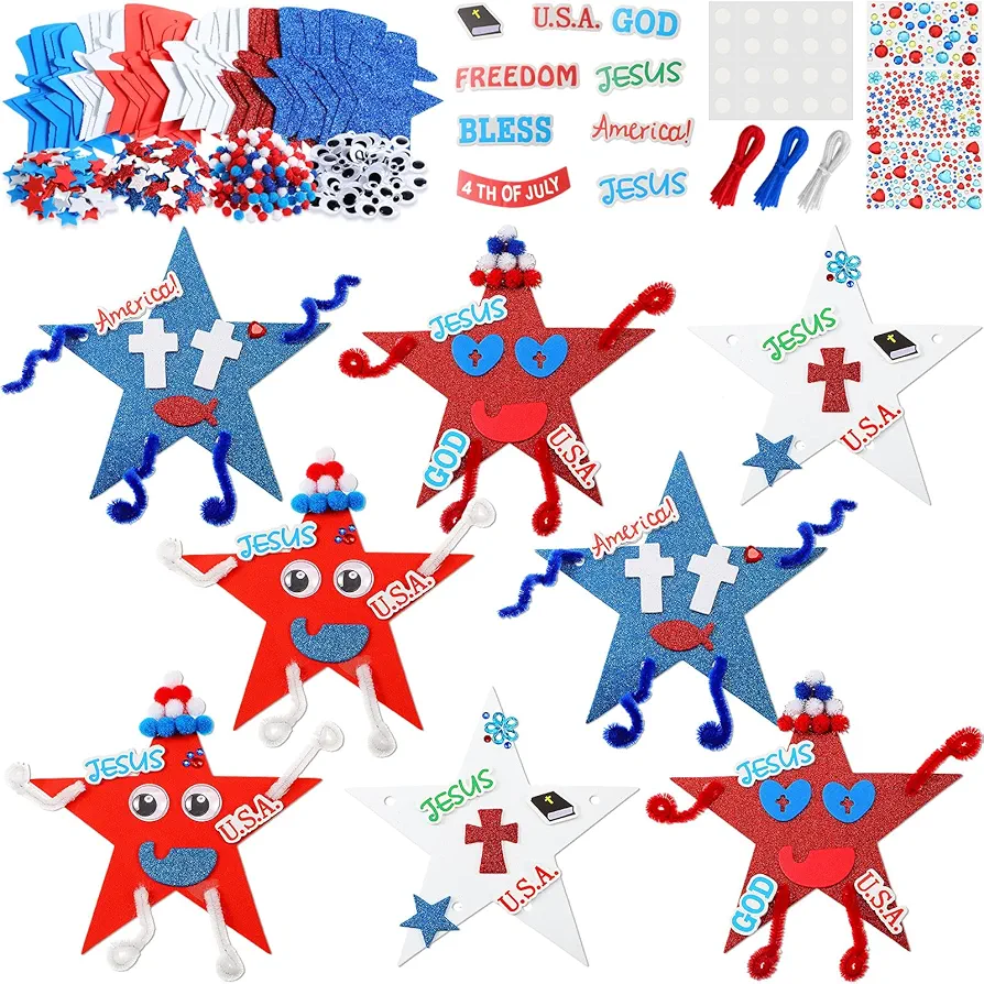 Rotatingpals 24 Sets 4th of July Patriotic Religious DIY Crafts for Kids 909 Pcs Jesus Patriotic Stickers Crafts Red White Blue Star Foam Shapes Patriotic Arts and Crafts Classroom Activities