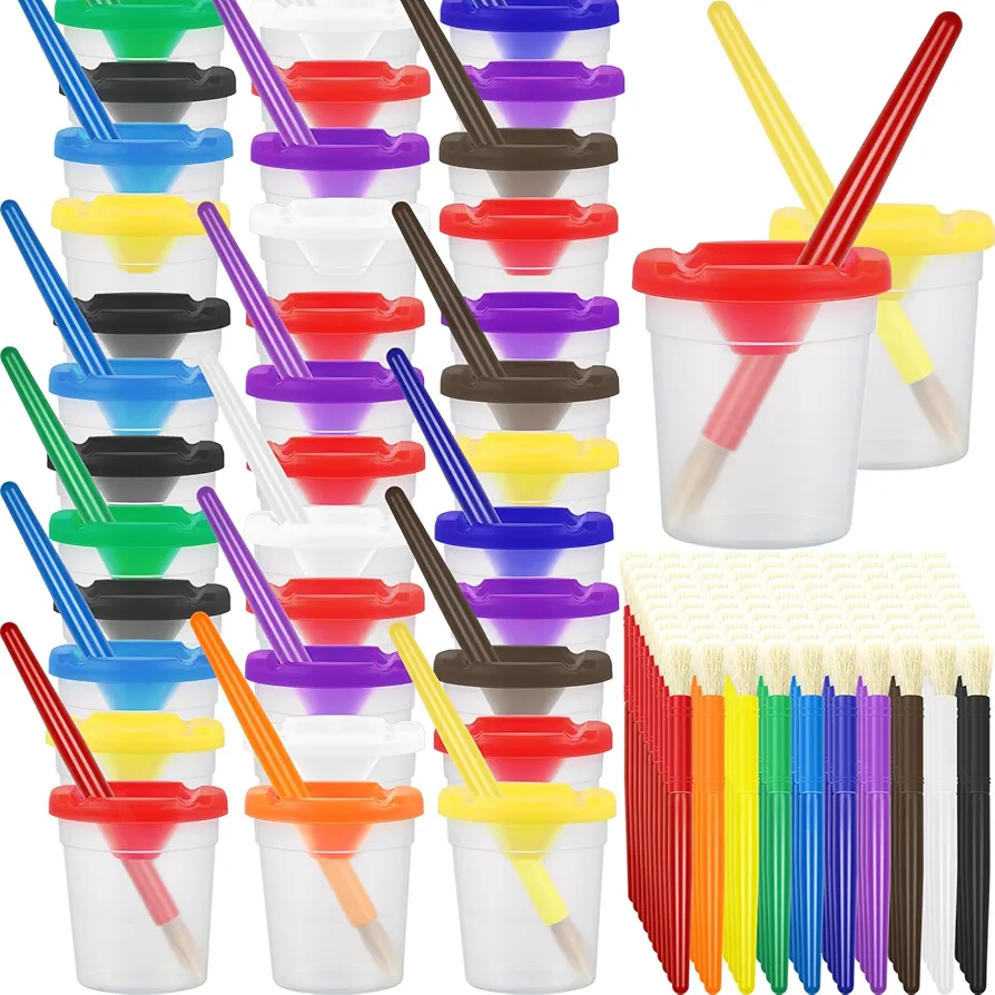 Gueevin 150 Pcs No Spill Paint Cups with Lids for Kids Toddler Children and Paint Brushes for Kids Painting Art Supplies Preschool Classroom Art Supplies, 10 Colors