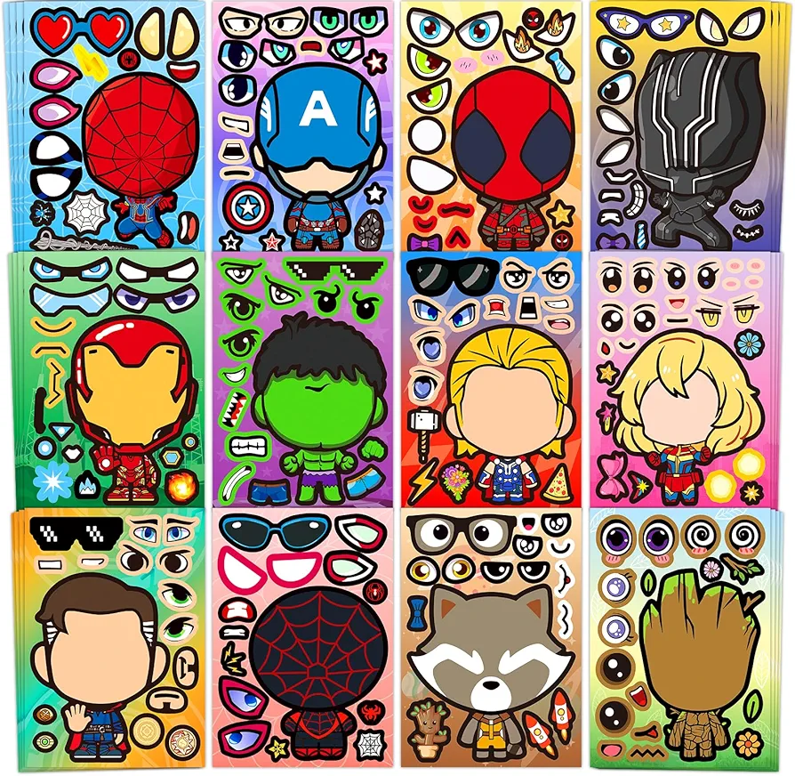 48 Sheets Make Your Own Stickers for Kids, DIY Make Superhero Face Stickers for Boys Girls, Party Favors Supplies Art Craft Family School Reward