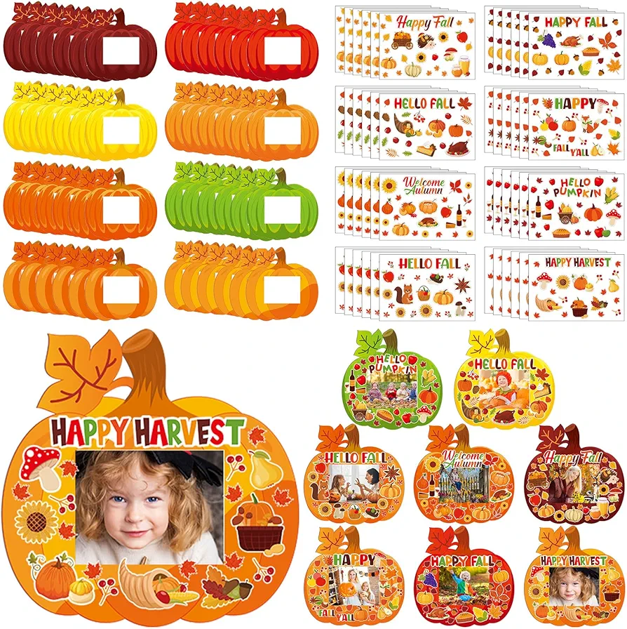 Jetec 48 Sets Fall DIY Picture Frames Craft Kit Autumn Thanksgiving Pumpkin Photo Frames Ornaments for Thanksgiving Decorations Favor Fall Art Gift Classroom Home Activities
