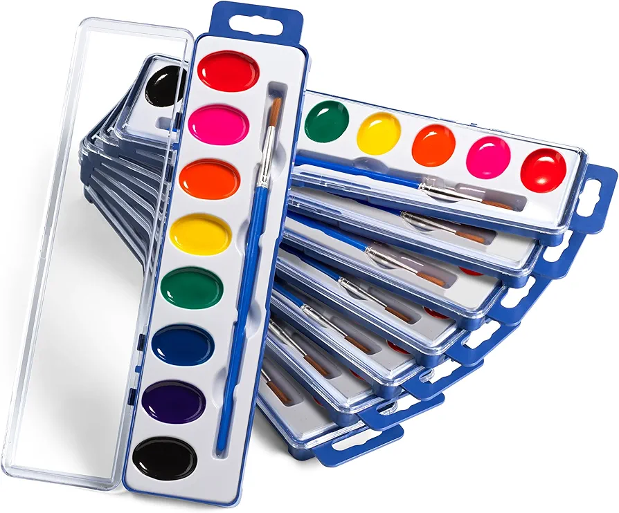 Watercolor Paint Set- Bulk Of 24 Sets - 8 Water Color Washable Paints, Palette Tray and Painting Brush, for Art Schools, Party Favors, Kids Prizes, Stocking Stuffers and Paint Party Supplies