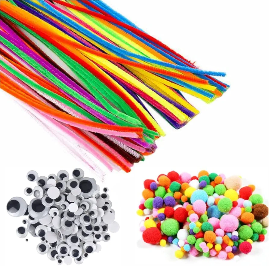 PMLAND Pipe Cleaners Craft Bulk Set Supplies with Assorted Color Chenille Stems, Pompoms, 3 Size Self-Adhesive Wiggly Googly Eyes for Kids