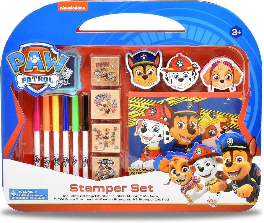PAW Patrol Coloring Stamper and Activity Set, Mess Free Craft Kit for Toddlers and Kids, Drawing Art Supplies Included Sketch Book, 6 Color Markers, 3 Foam and 4 Wooden Stampers