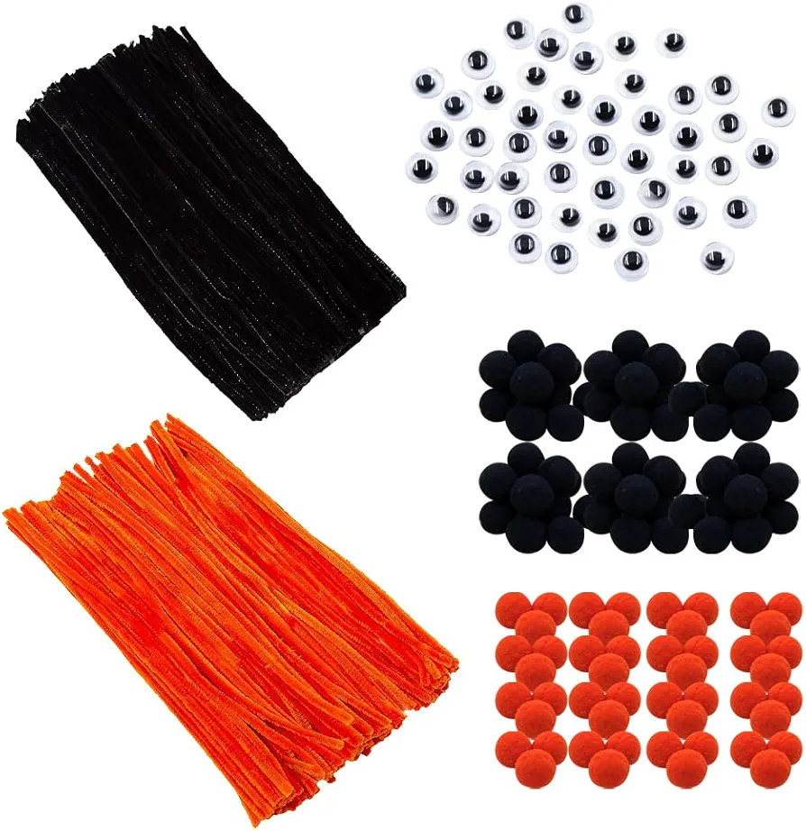 600 Pcs Halloween Craft Set with 200 Pcs Black Orange Pipe Cleaners 200 Pcs 8mm Self Adhesive Wiggle Eyes and 200 Pcs 1cm Black Orange Pom Poms Arts and Crafts Supplies