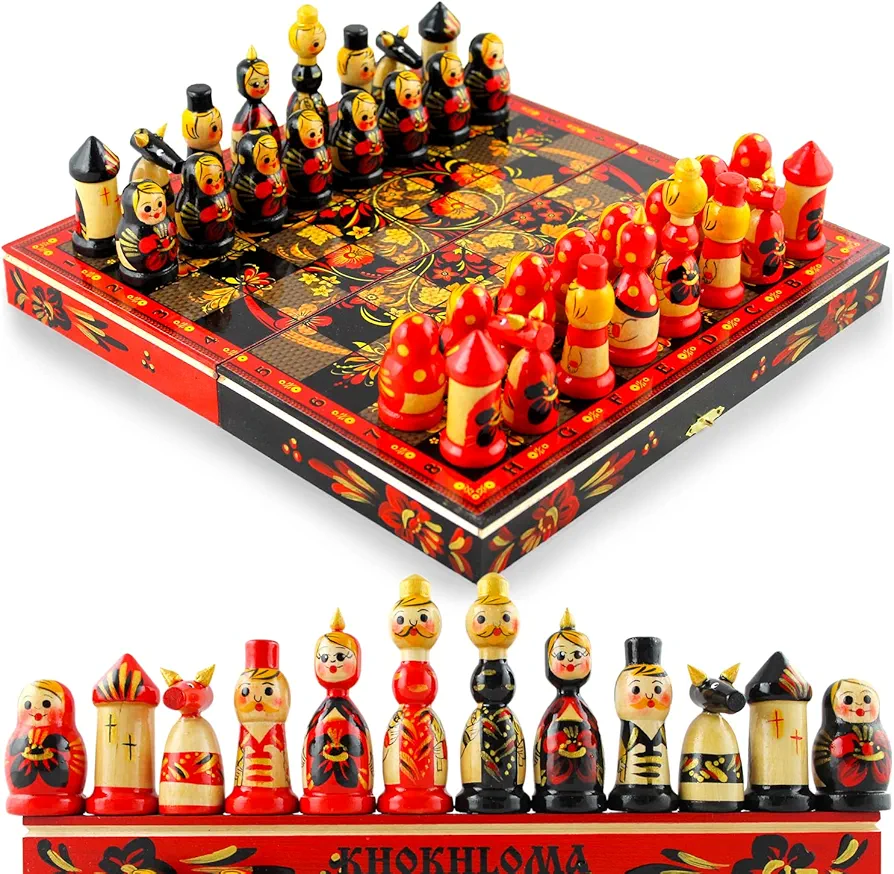 Souvenir Chess Set Russian Folk Art Khokhloma - Handcrafted Chess Pieces as Matryoshka Dolls - Unique Chess Sets - Family Board Games - Chess Gifts