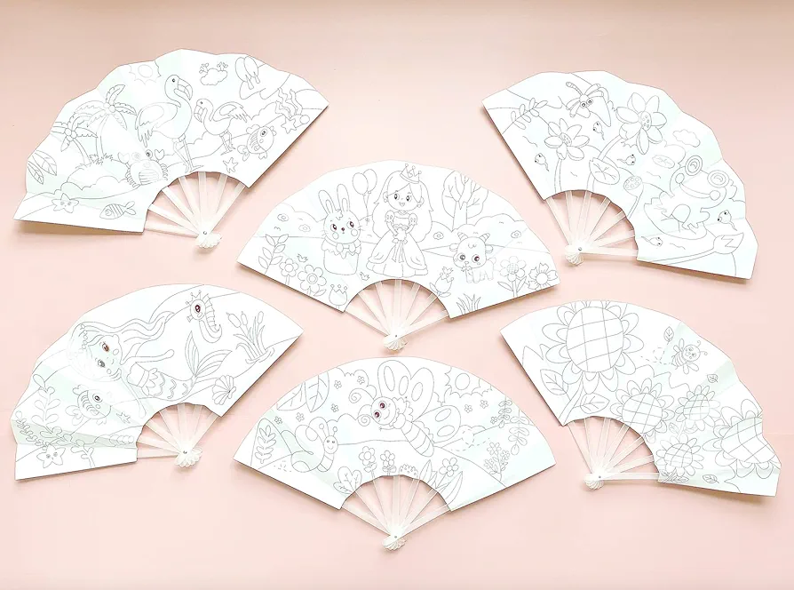 DIY Coloring Paper Folding Fans for Kids (6 Designs in One) - Craft Activity Kit for Kids - Girls and Boys - Party Favor - Unique Activity
