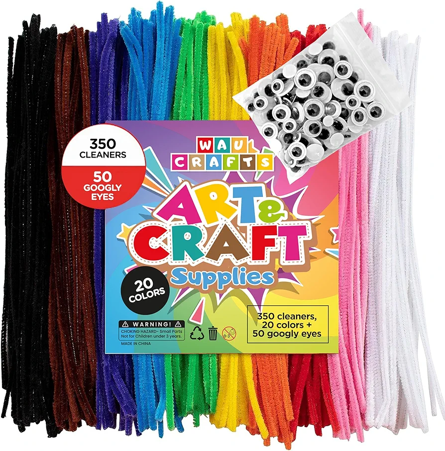 400 Pcs - 350 Pipe Cleaners in 20 Colors + 50 Googly Eyes - Chenille Stems Set for Crafts and DIY Decorations (12 Inch x 6mm)