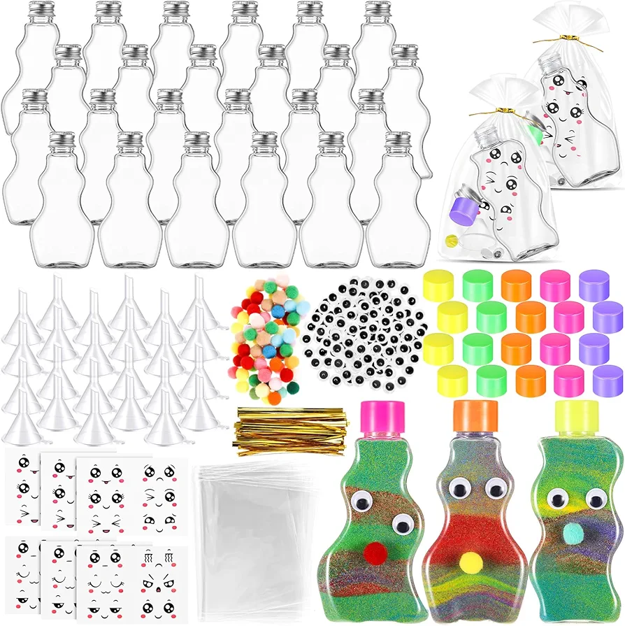 Yaomiao School Colorful Sand Art Kit Bulk Party Favors for Kids 2.5 oz Plastic Sand Art Bottles with Colors Accessories for Birthday Gifts (No Sand)(24 PCS)