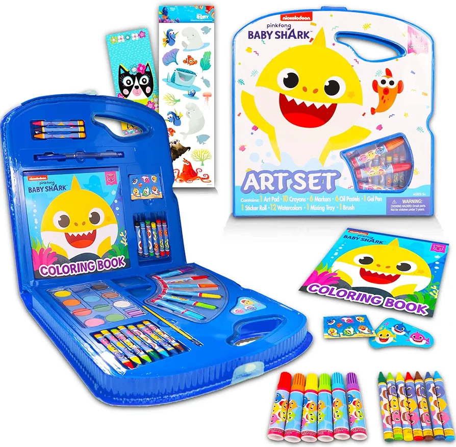 Nick Shop Baby Shark Art Tote Set - Bundle with Baby Shark Art Kit with Crayons, Color-in Poster, Stickers and More for Kids, Boys, Girls (Baby Shark Art Set)