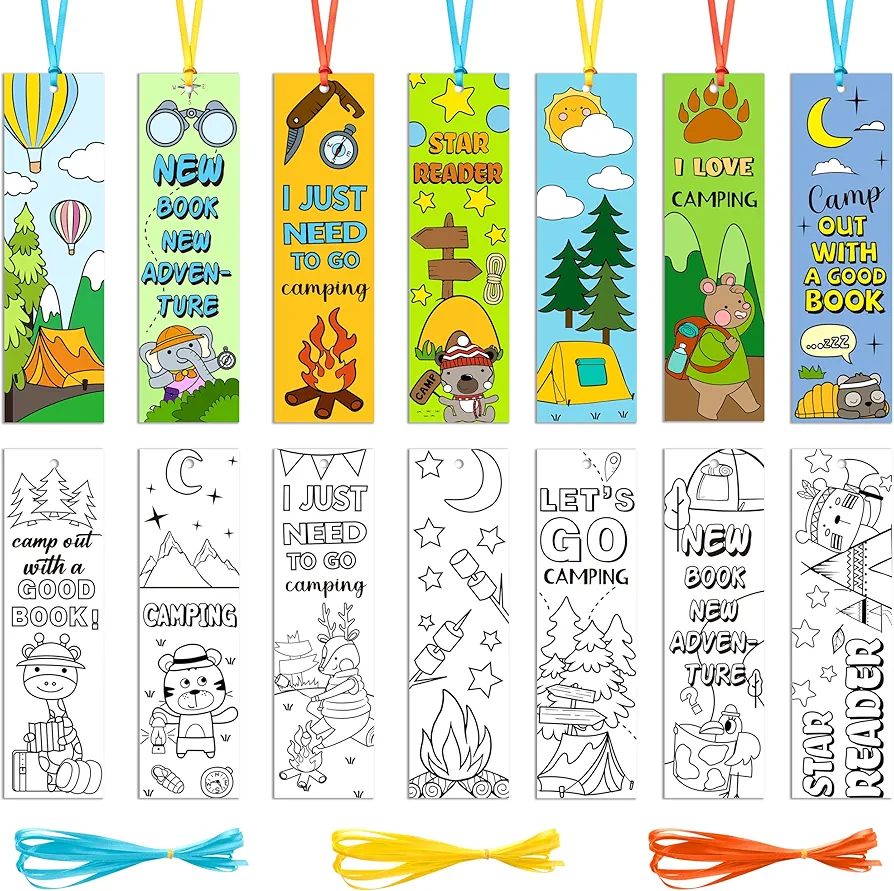 ANGOLIO 123Pcs Camping Color Your Own Bookmarks for Kids Funny Camping Tent Jungle Animals Campfire DIY Coloring Blank Book Markers for Teachers Students Classrooms Arts & Crafts Party Rewards