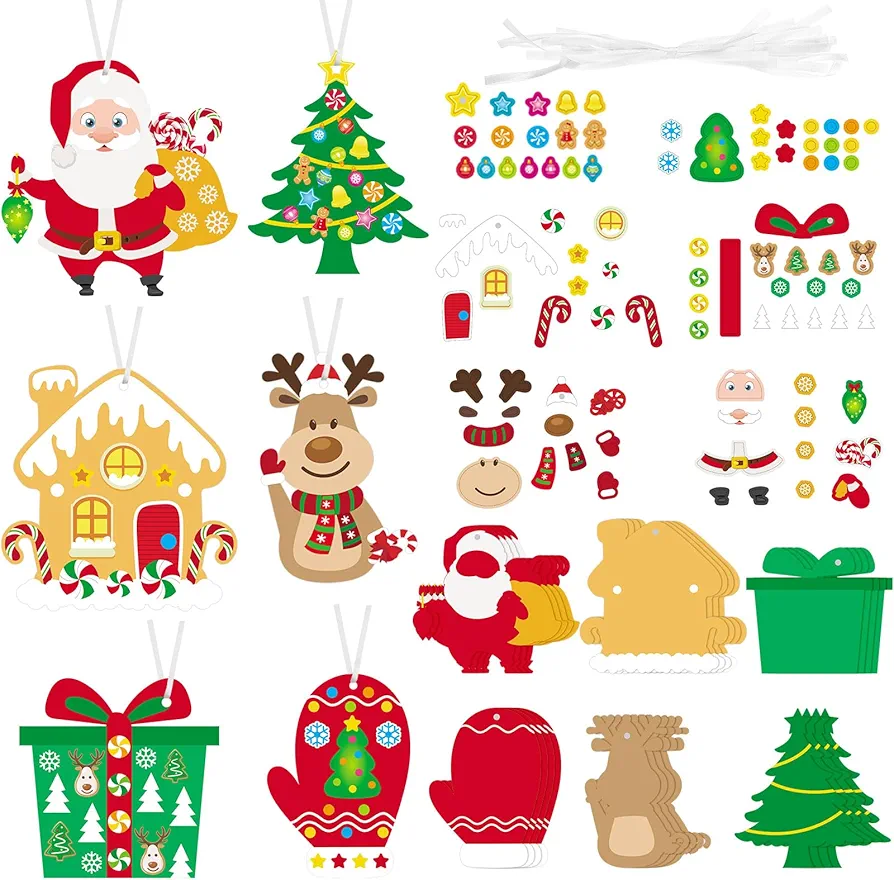 Civaner Christmas Craft Kit for Kids Christmas Tree Ornaments Hanging Art and Craft DIY Project Gingerbread House Crafts Kit Christmas Box Claus Reindeer Christmas Crafts for Kids, 6 Styles (36 Sets)