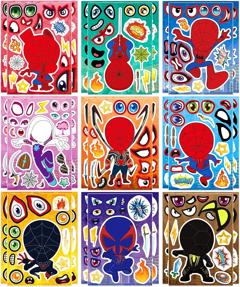 Spider Sheet Stickers for Kids Crafts -27 Sheets Different Make a Face Spidey Coloring Sticker,Birthday Party Favor Supplies Valentines Gifts