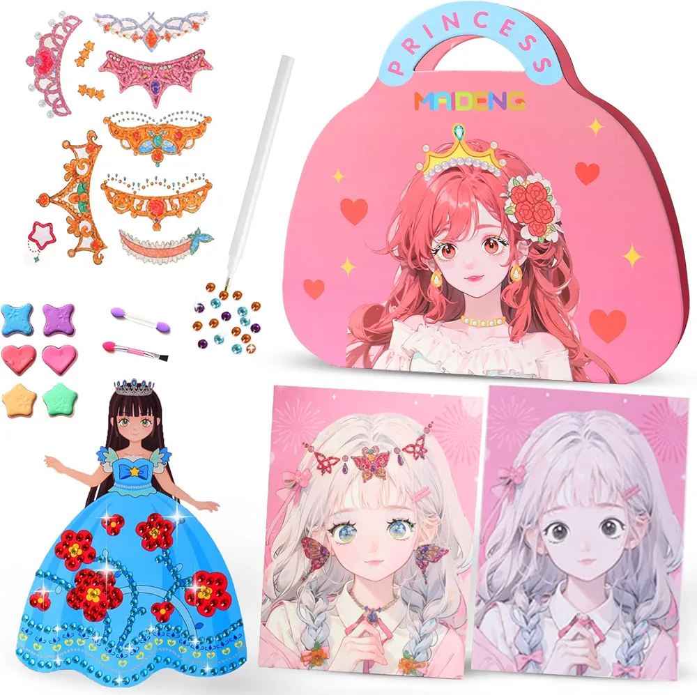 Princess Makeup Dress Up Game Set, Arts & Crafts Kits Activity for Kids, Make Up Play on Paper&Diamond Painting, Girls Princess Sticker Books Travel Toys Birthday Gifts for Girls Ages 4 5 6 7 8