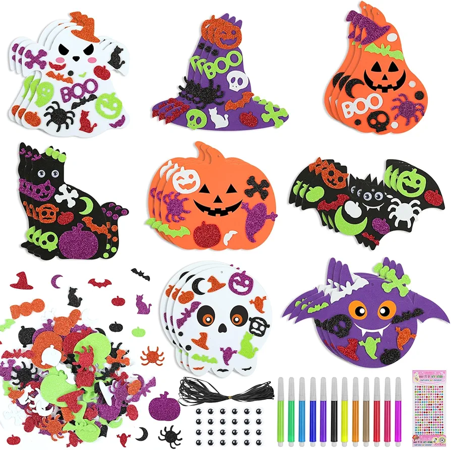 TREACLUB 344PCS Halloween Foam Stickers Craft Kit, DIY Halloween Craft for Kids Pumpkin Bat Cat Ghost Art Craft Decorations, Make Your Own Halloween Ornaments Set for Class Activities