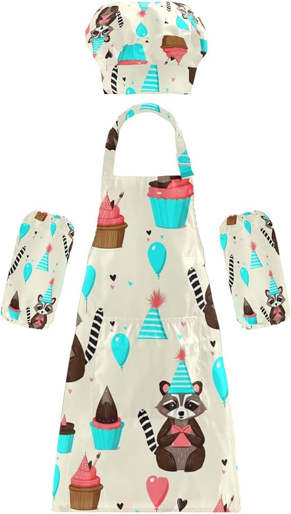 Kids Apron and Chef Hat Set, Adjustable Bear Hat Cupcakes Hearts Cooking Aprons with Pockets for Cooking Painting