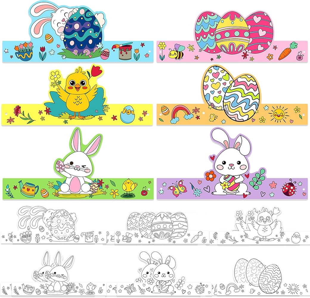 18Pcs Easter Craft Kits for Kids Color Your Own Easter Paper Crowns Party Hats Easter Party Decoration Crafts Bulk DIY Coloring Arts with Elastic Ropes for Spring School Party Activity