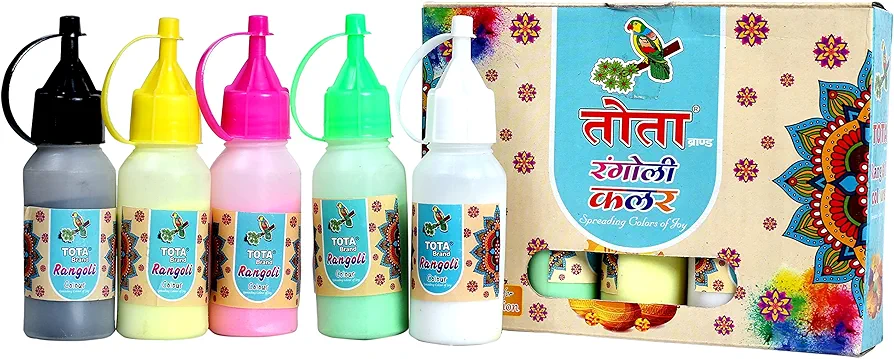 TOTA Rangoli Colour Powder Bottles for Floor.Set of 5 (100 Gm Each) in Special Squeeze Bottles. Kolam Powder for Art and Craft, Home Decor in Plastic Bottle-500 Gm.