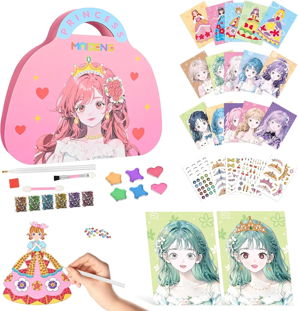 Art Craft for Kids, Painting Books & Princess Dress Up Set for Girls Ages 4 5 6 7 8 9 10, Paper Makeup DIY Toy Kit, Diamond Sticker Books, Birthday Gift for Girls