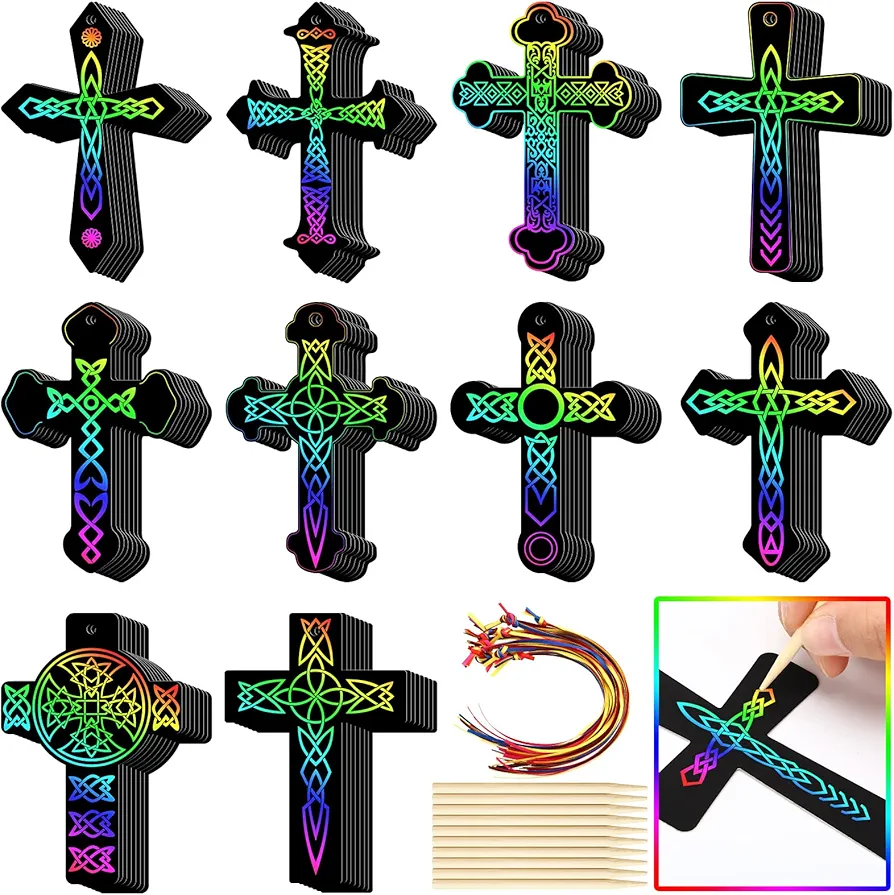 Chivao 80 Pcs Easter Scratch Cross Ornaments Rainbow Color Craft Kit DIY Scratch Paper Christian Gifts for Kids Sunday School Crafts Kids' Paper Craft Kits for Girls Boys with Wood Sticks Ribbons