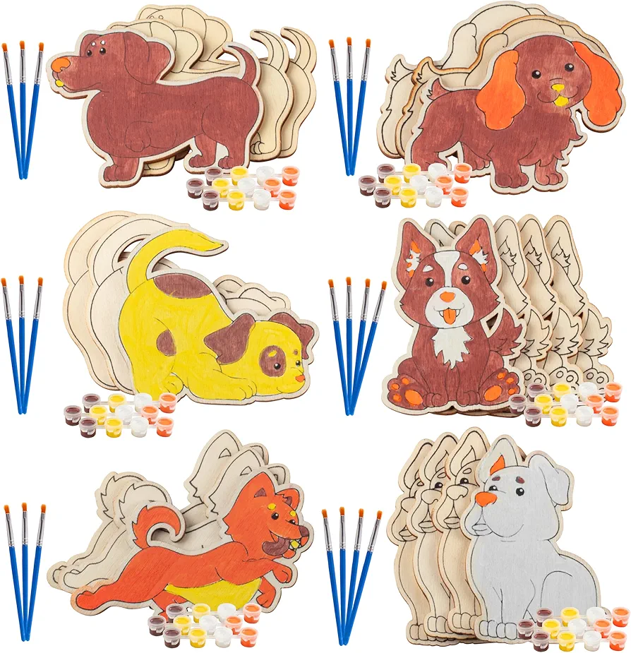 SCS Direct Kids Wood Painting Party Craft Kits (20ct)- 6 Different Puppy Dog Designs- Each Kit Has Own Brush, Paint, Wood Craft- Fun, Unique Birthday Party Activity, Favors or Classroom School Gift