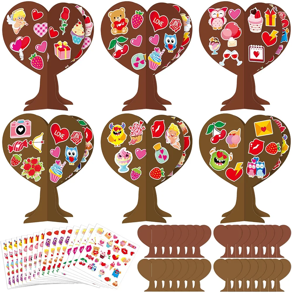Qyeahkj 1038pcs Valentines 3D Love Heart Tree Craft for Kids Valentine's Day DIY Heart-Shaped Art Craft Kits with 990Pcs Stickers for Classroom Home School Kindergarten Activity Decoration, 24 Sets