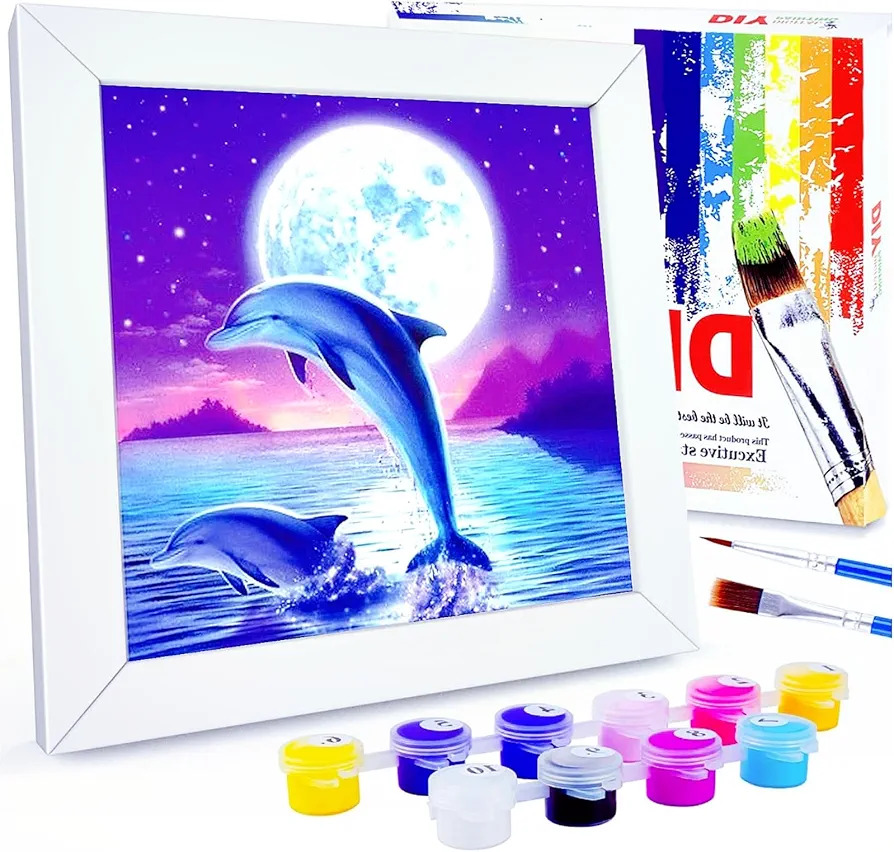 Paint by Number for adults and Kids, Animals dolphin Paint by Numbers Kit for Beginners for Kids ,Acrylic Watercolor Paint by Numbers Canvas Arts and Crafts -8x8inch (with Wooden Framed) (Dolphin)