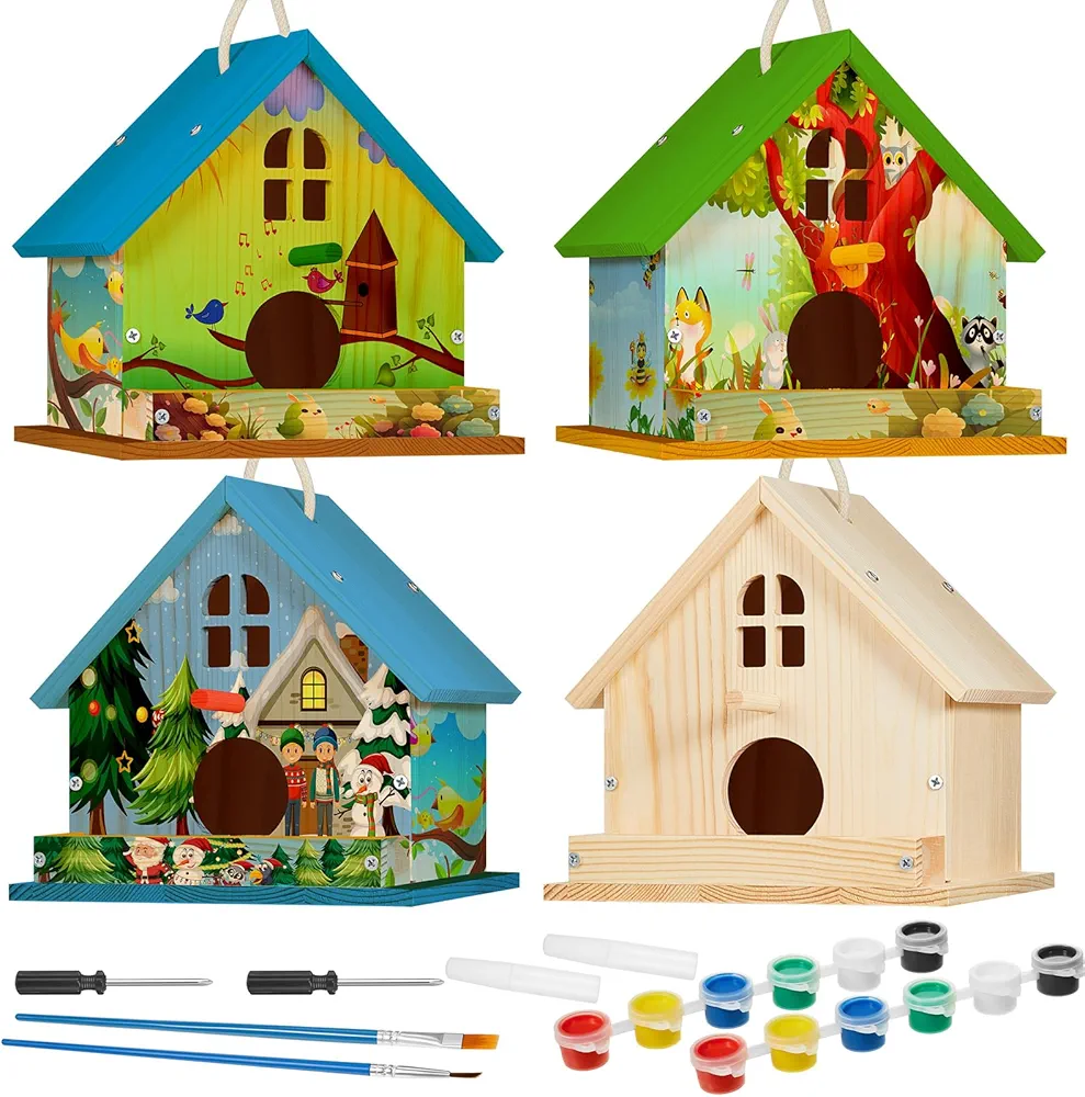 Juexica 4 Pack Birdhouse Kit DIY Wooden Bird House with Paint and Paintbrushes Art and Craft Painting Kits for Boys Girls Adults Build Paint Fun Classroom Birthday Indoor Outdoor Craft (Fresh)