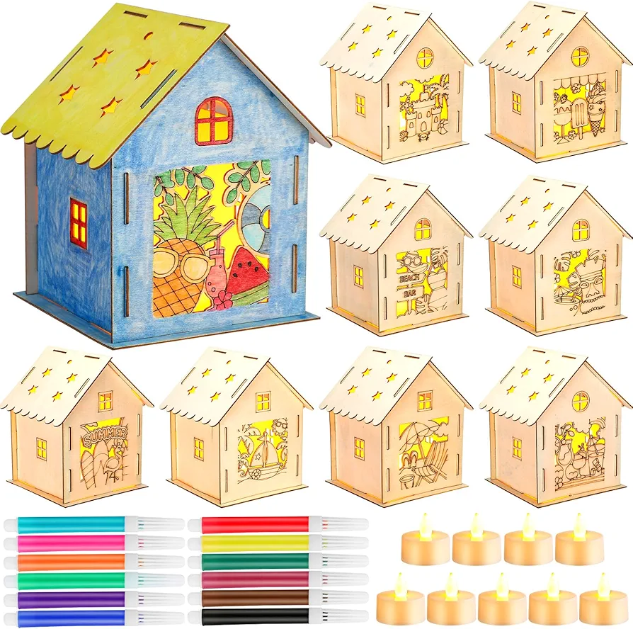 Frienda 9 Set LED Summer House DIY Wooden Craft Kit, DIY Light up Summer Wooden House Set with 12 Watercolor Pens and 9 Luminous LED Flameless Candles for Summer Holiday Party Supplies DIY Art Paint