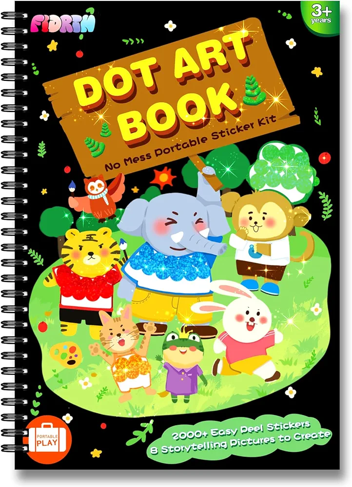 FIDRTH Dot Art Activity: No Mess Sticker Art Book for Kids, Scrapbooking Arts and Toddler Crafts Supplies, Airplane Travel Activity, Gifts for Boys & Girls Ages 3, 4, 5, 6, 7 (Animals)