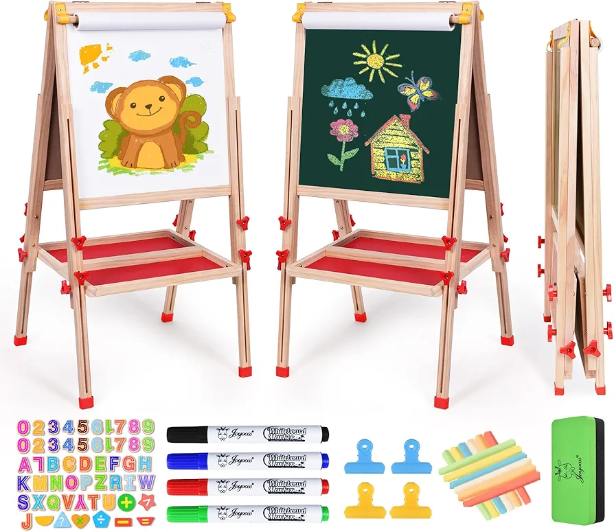 Joyooss Art Easel for Kids Easel, Kids Easel for Painting Wooden Whiteboard & Chalkboard Kids Art Easel, Toddler Art Easel One Get Many Kids easel with paper roll Art Easel for Kids Ages 2-4 4-8 8-12