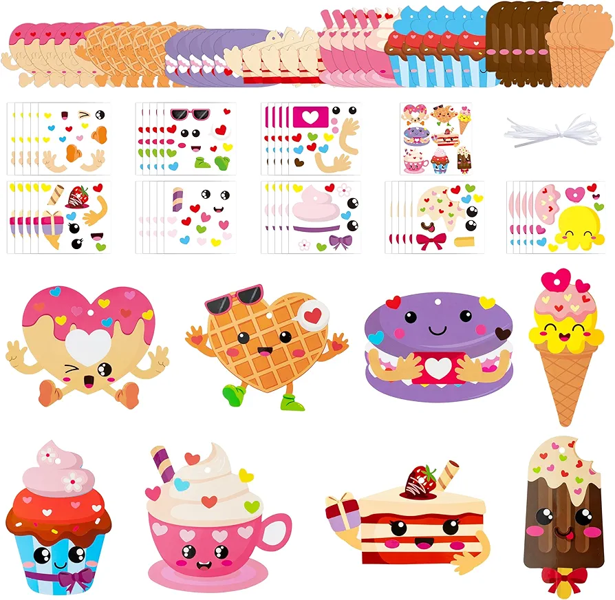 3sscha 123Pcs Valentine's Day Dessert Craft Kit for Kids DIY Make Your Own Ice Cream Cupcake Set Self-Adhesive Sticker Handmade Artwork Valentine Decor Classroom Home Activity Party Favor Supplies
