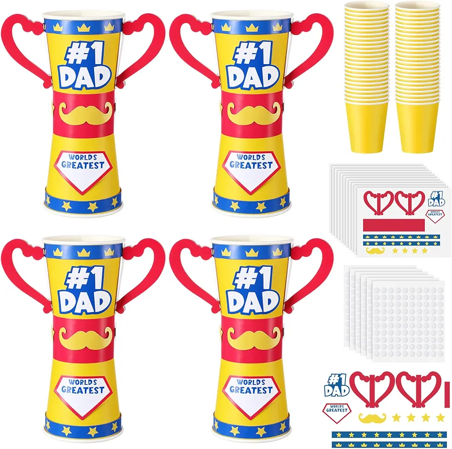 Fuyoooo 24 Set Fathers Day Crafts Kit for Kids DIY World's Best Dad Trophy Cup Crafts Make Your Own Trophy Craft Bulk Gifts for School Classroom Activities Home Father's Day Party Favor Supplies