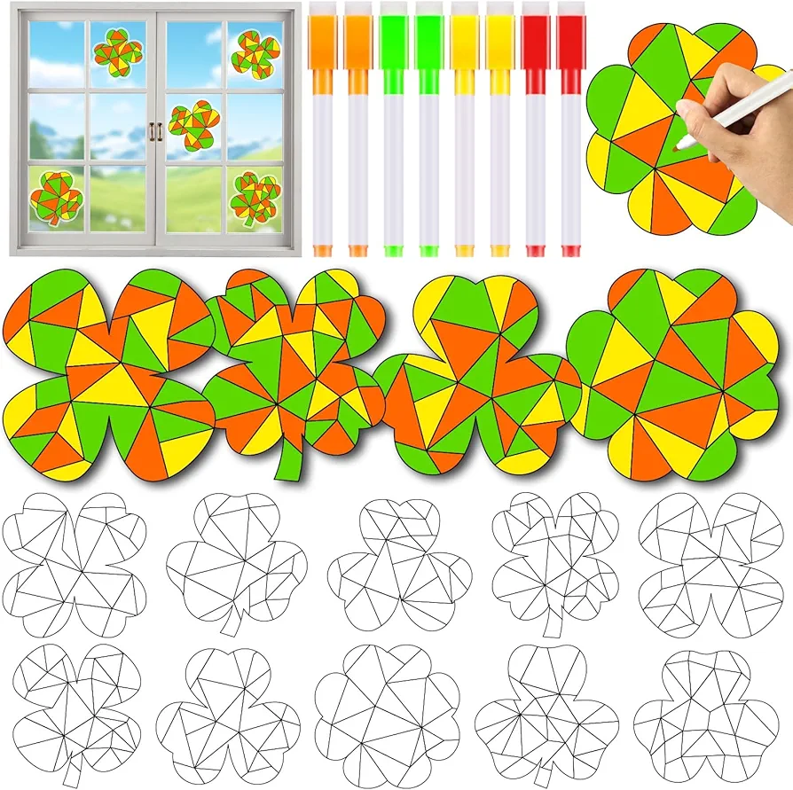 Qyeahkj 30 Pack St.Patricks Day Suncatchers Crafts Window Stained Glass Arts Crafts Kit DIY Shamrock Lucky Clover Coloring Window Clings Classroom Crafts, Creative Art Projects, Party Favors