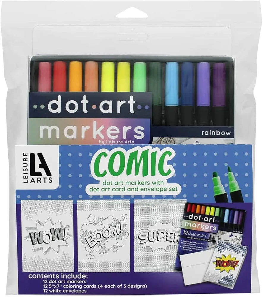 Leisure Arts Dot Art - Cosmic Card & Envelope Set w/Markers, 5"X7", 24Pc., Dot Coloring, Dot Paint, Dot Art Markers, Coloring Cards for Adults, Coloring Cards, Cards to Color