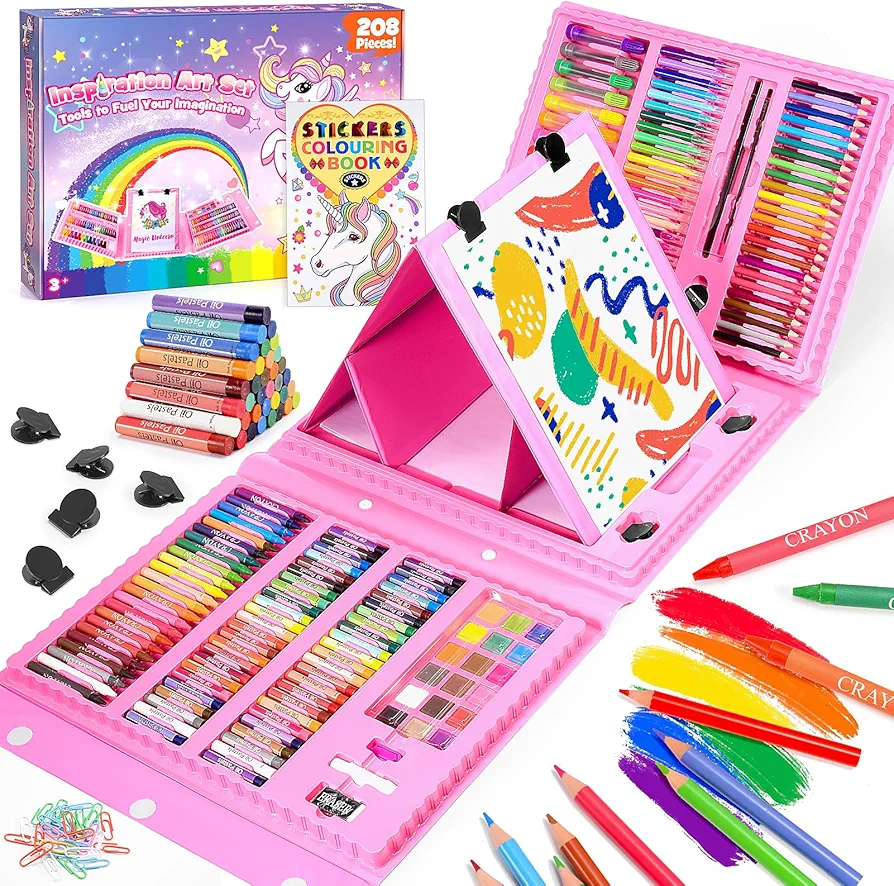 Toyjolka Arts and Crafts Supplies,208 Art Set for Kids Drawing Art Kit for Girls Boys Teens, Coloring Art Kit Gift, Oil Pastels, Crayons, Colored Pencils, Watercolor Pens Gift for Girls Boys Artist