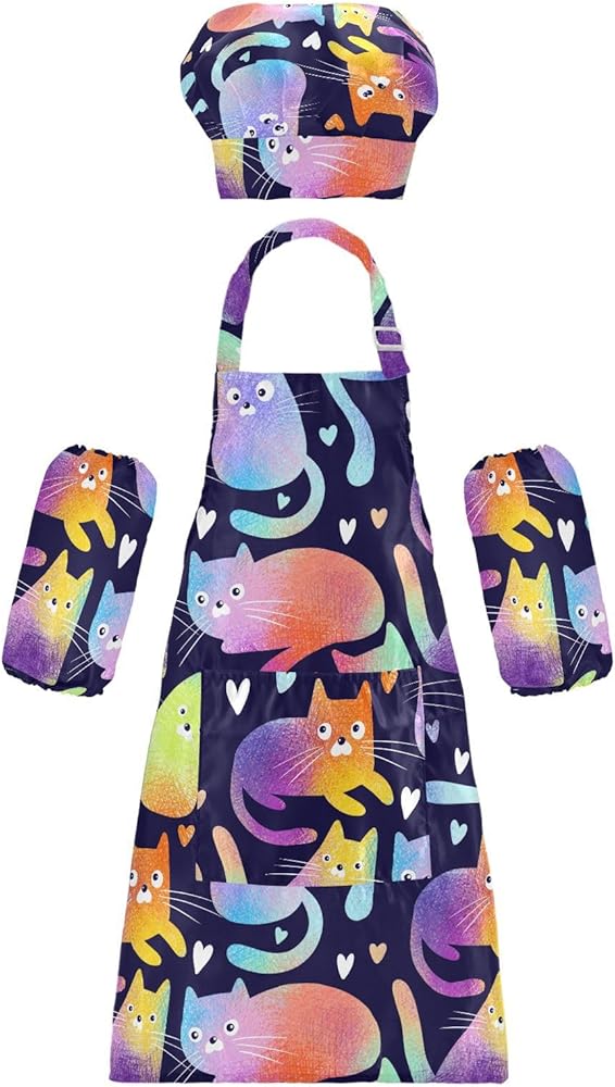 Colorful Cats Black Kids Apron And Chef Hat Set for Boys Girls Cooking Adjustable Aprons Toddler Child Apron with Pocket Lightweight Gardening Art Chef Apron for Crafting Baking Painting