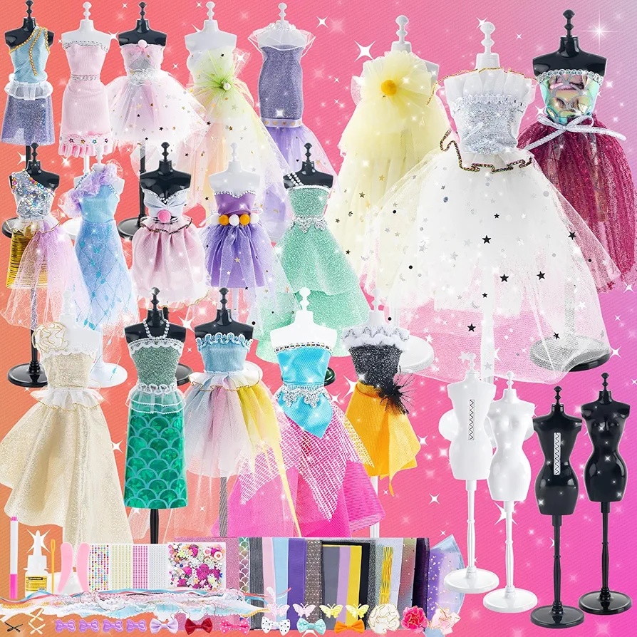 DIY Doll Dress Up Kit for Girls, 700+ Pcs Fashion Designer Set, Sewing Kit with Mannequins, Doll Clothes Making, Arts and Crafts Kit for Age 6+ Years