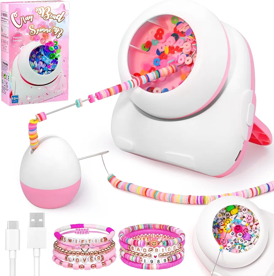 Pskfvre Electric Clay Bead Spinner, Bead Spinner for Jewelry Making, Beadact Clay Beads Bracelet Making Kit, DIY Bracelets, Necklaces Crafts Gift for Girls Ages 10+(Pink)