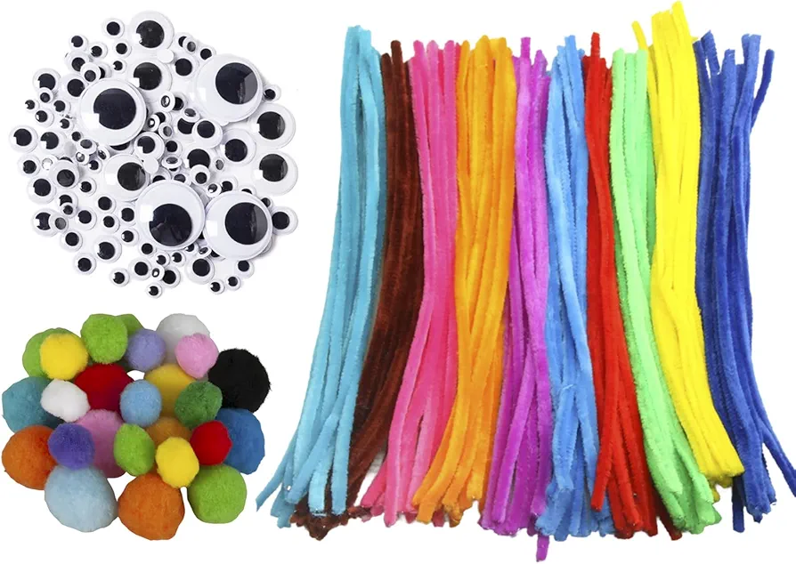 MAHAVIMOKSA 500pcs Pipe Cleaners Craft Kit: 10 Colors Chenille Stems, Self-Sticking Wiggle Googly Eyes and Pompoms for DIY Craft Art Decoration (Bright Color)