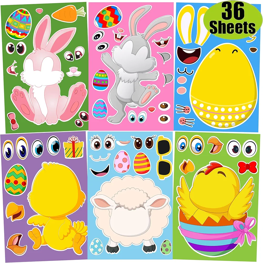 36 Sheets Easter Stickers for Kid Make Your Own Easter Stickers for Child Easter Egg Farm Animal Rabbit Chicks Sheeps DIY Sticker for Crafts Family Schools Classroom Activities Party Favor Supplies