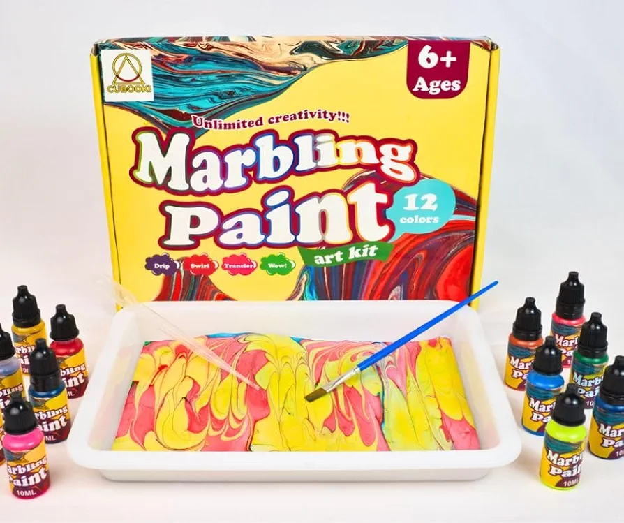 Water Marbling Paint Kit, Arts and Crafts Kit for Boys and Girls by CUBOOKI, Water Art Paint Set Ideal for Birthday Gifts for Girls & Boys Ages 6-12, 12 Vibrant Colors, Art Set for Activities