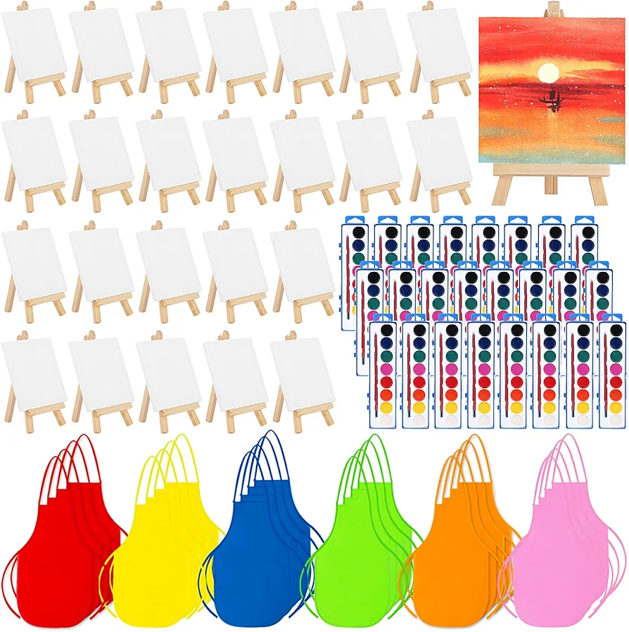 Watercolor Paint Party Supplies Set of 24 Kids - Painting Party Favors for Children - Canvas Panels with Easel Watercolor Paint Set with Aprons for Classroom