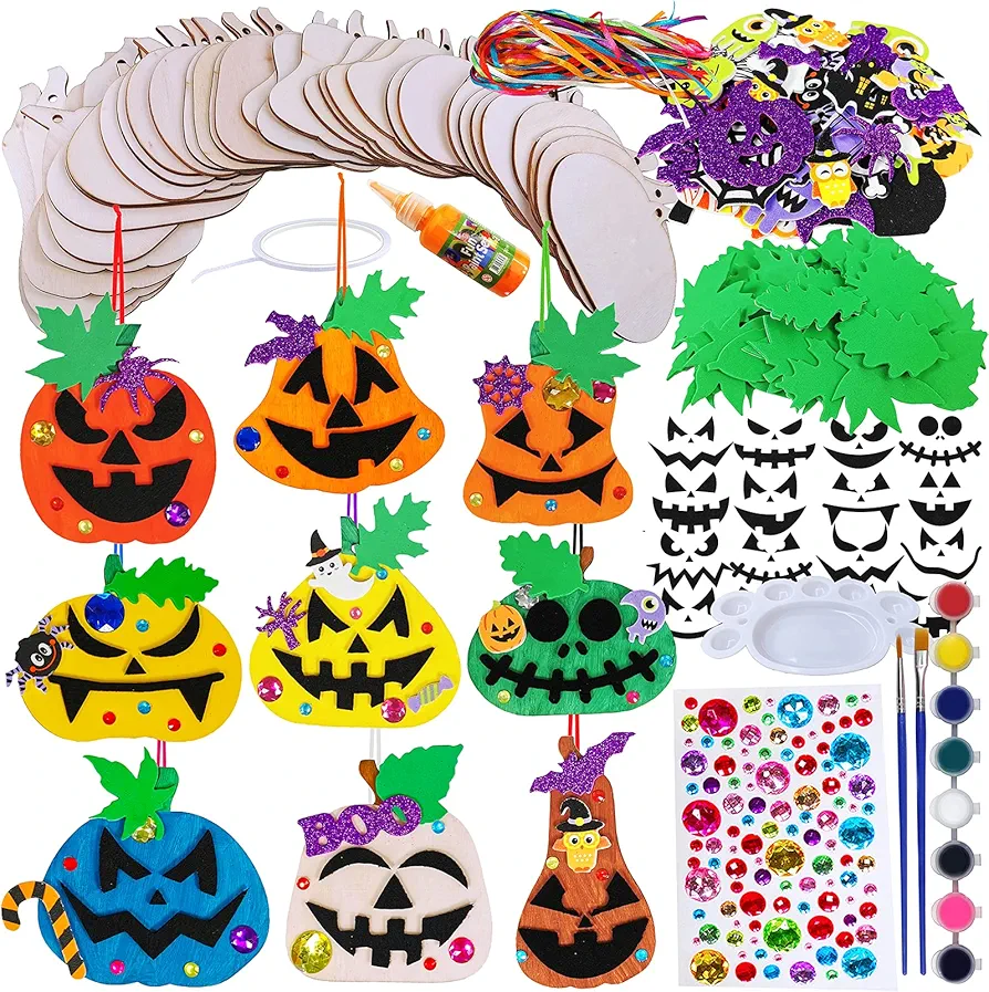 Winlyn 63 Sets Halloween Craft Kits Fall Crafts DIY Wooden Pumpkin Ornaments Decorations Art Sets Unfinished Wood Pumpkins Halloween Stickers for Kids Art Project Home Classroom Party Activities