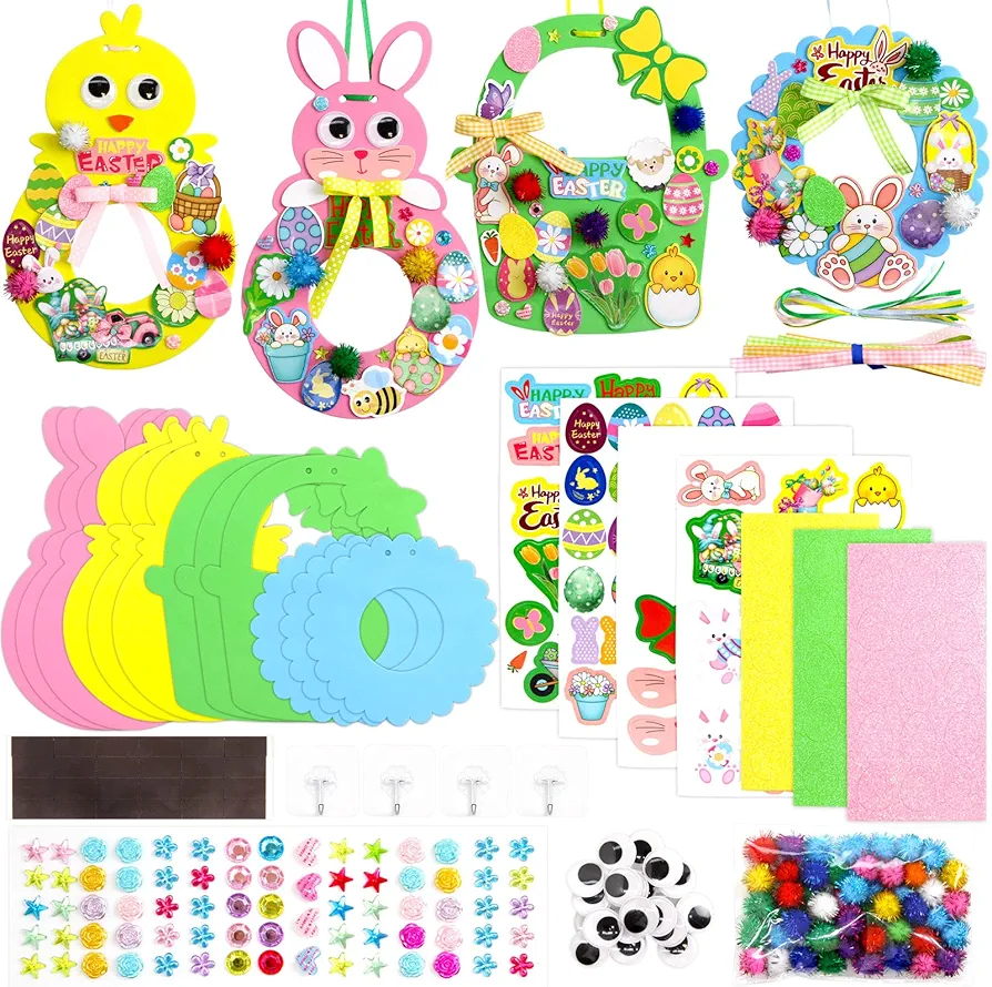 Easter Crafts for Kids Ages 4-12 Foam Magnet Craft Bunny Chicks Basket Wreath Activities for Front Door Decorations Decor Stickers Kit DIY Tree Ornaments 12 Sets Cutouts Rabbit Party Favors