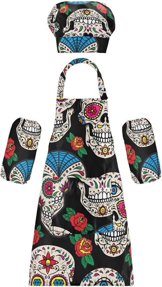 Mexican Skulls Roses Kids Apron And Chef Hat Set for Boys Girls Cooking Adjustable Aprons Toddler Child Apron with Pocket Lightweight Gardening Art Chef Apron for Baking Crafting Painting