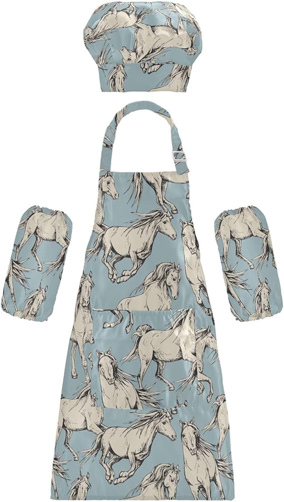 Beige Horses Blue Kids Apron And Chef Hat Set for Boys Girls Cooking Adjustable Aprons Toddler Child Apron with Pocket Waterproof Art Chef Gardening Apron for Baking Crafting Painting