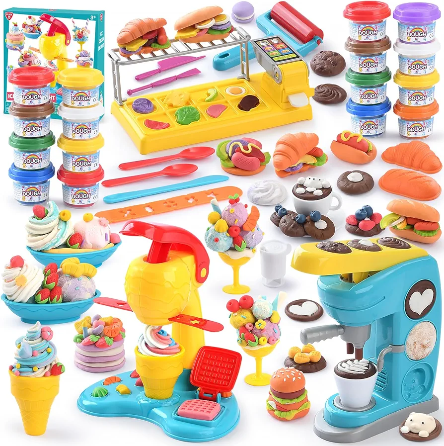PLAY Kitchen Coffee Maker Set & Ice Cream Maker Bundle, Creative Toy Playdough Tools, Arts and Crafts Play Dough for Girls Boys, Includes 16 Cans Playdough